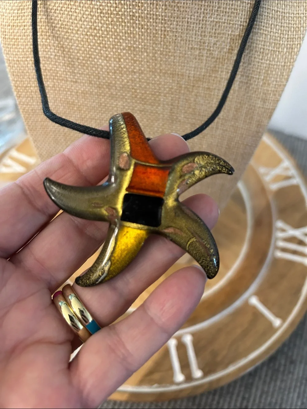 Glass starfish Pendant Necklace - Black Cord gold black orange